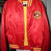 Great looking Red/Gold Jacket. It has a Marine Corps Insignia on the left front and a Huge Eagle and American Flag on the Back. Anonymous donor. Size: Large.